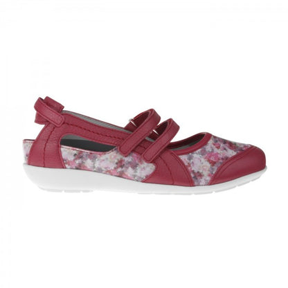 JULIE Damen Ballerina – Weite H, Hirschleder/Klettverschluss, rot-blumenmuster