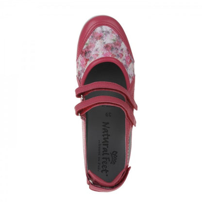 JULIE Damen Ballerina – Weite H, Hirschleder/Klettverschluss, rot-blumenmuster