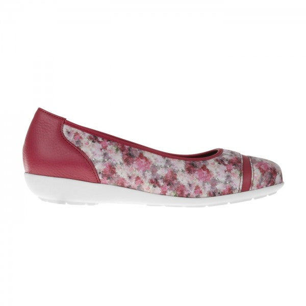 SANELA Damen Ballerina – Weite H, Hirschleder/Stretch, Rot/Blumendruck