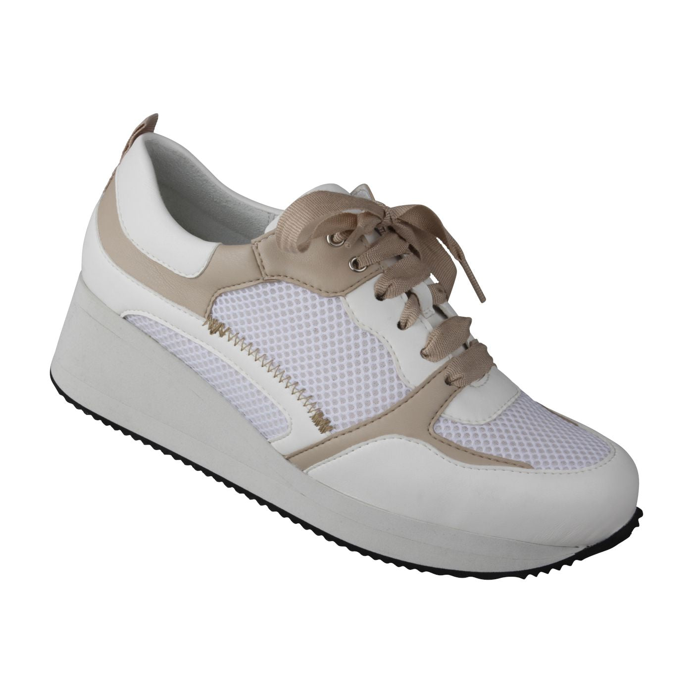 NALA Damen Sneaker – Weite H, Mesh/Leder-Stretch, beige/weiss