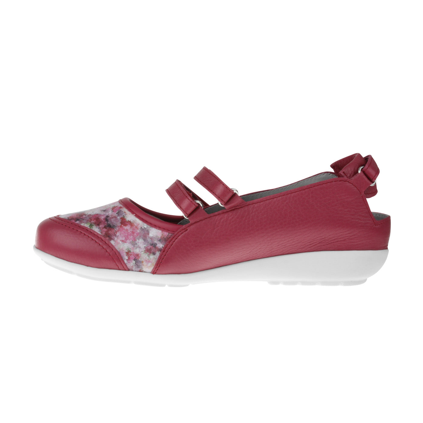 JULIE Damen Ballerina – Weite H, Hirschleder/Klettverschluss, rot-blumenmuster