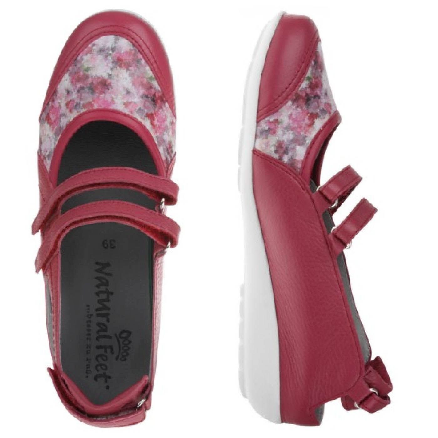 JULIE Damen Ballerina – Weite H, Hirschleder/Klettverschluss, rot-blumenmuster