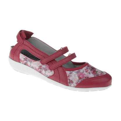 JULIE Damen Ballerina – Weite H, Hirschleder/Klettverschluss, rot-blumenmuster