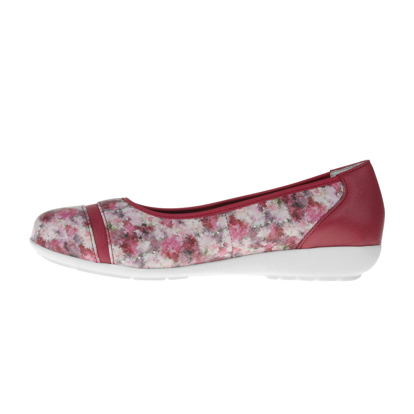 SANELA Damen Ballerina – Weite H, Hirschleder/Stretch, Rot/Blumendruck