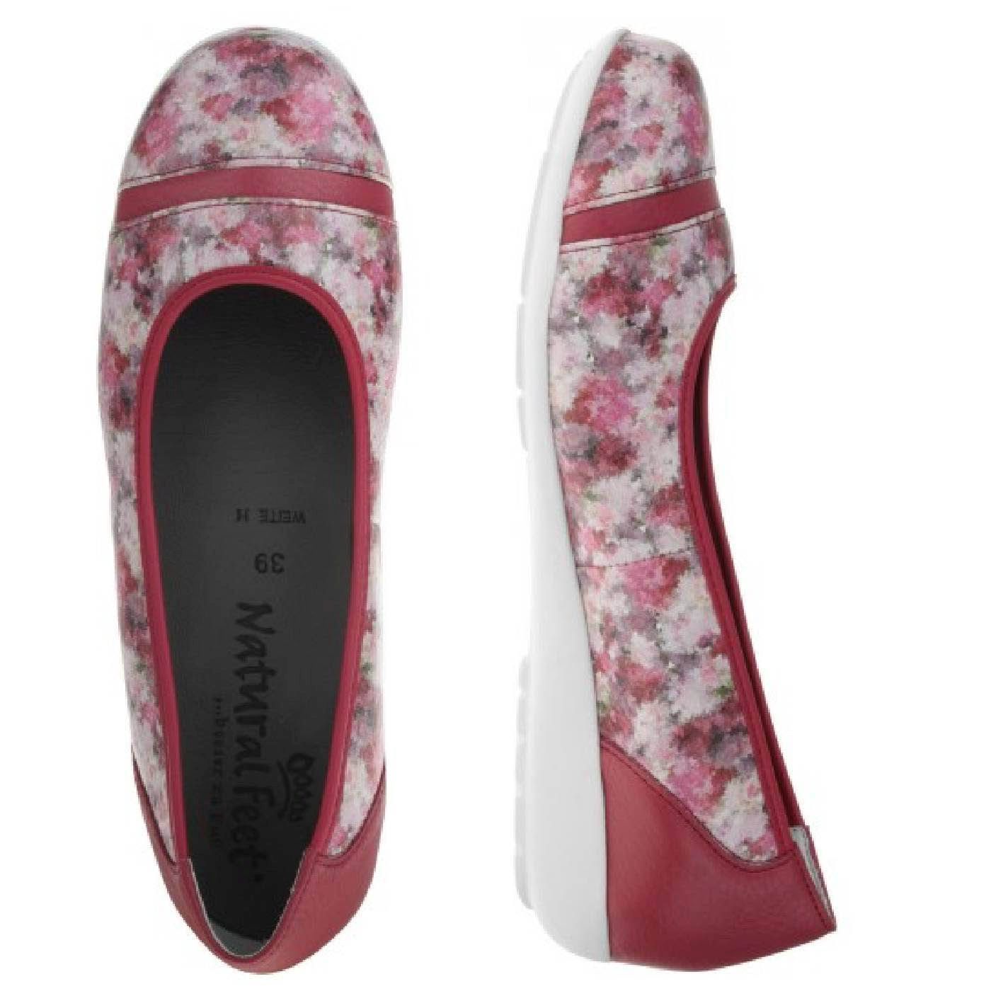 SANELA Damen Ballerina – Weite H, Hirschleder/Stretch, Rot/Blumendruck
