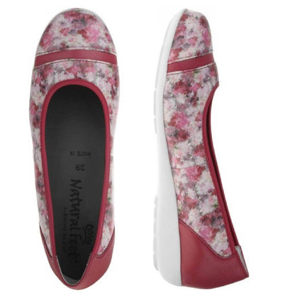 SANELA Damen Ballerina – Weite H, Hirschleder/Stretch, Rot/Blumendruck