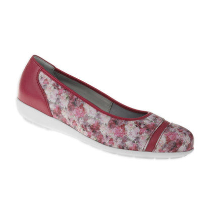 SANELA Damen Ballerina – Weite H, Hirschleder/Stretch, Rot/Blumendruck