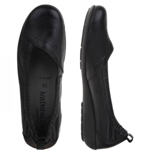 POLINA Damen Ballerina – Weite H, Hirschleder/Funktionsgummizug, Schwarz