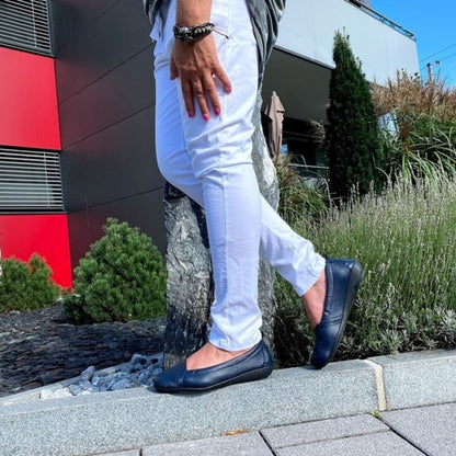POLINA Damen Ballerina – Weite H, Hirschleder/Funktionsgummizug, Dunkelblau